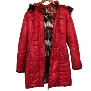 Azara Vibrant Red Puffer Jacket with‎ Fur Hood